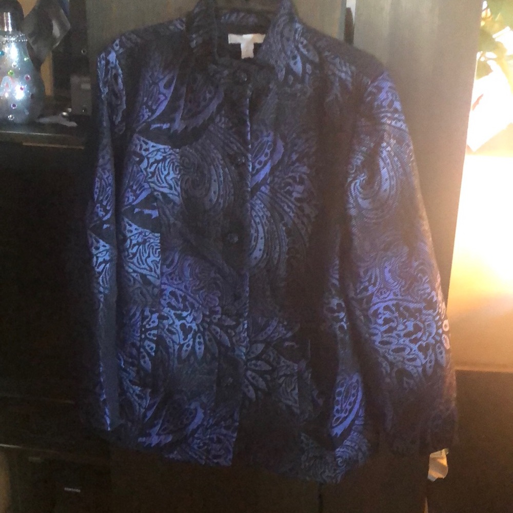 Knit navy blue blazer dinner jacket hand washable floral bkgd print